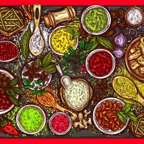 Vector illustration of a variety of spices and herbs on a wooden background Vector illustration of a variety of spices and herbs on a wooden background, top view. Template, design element